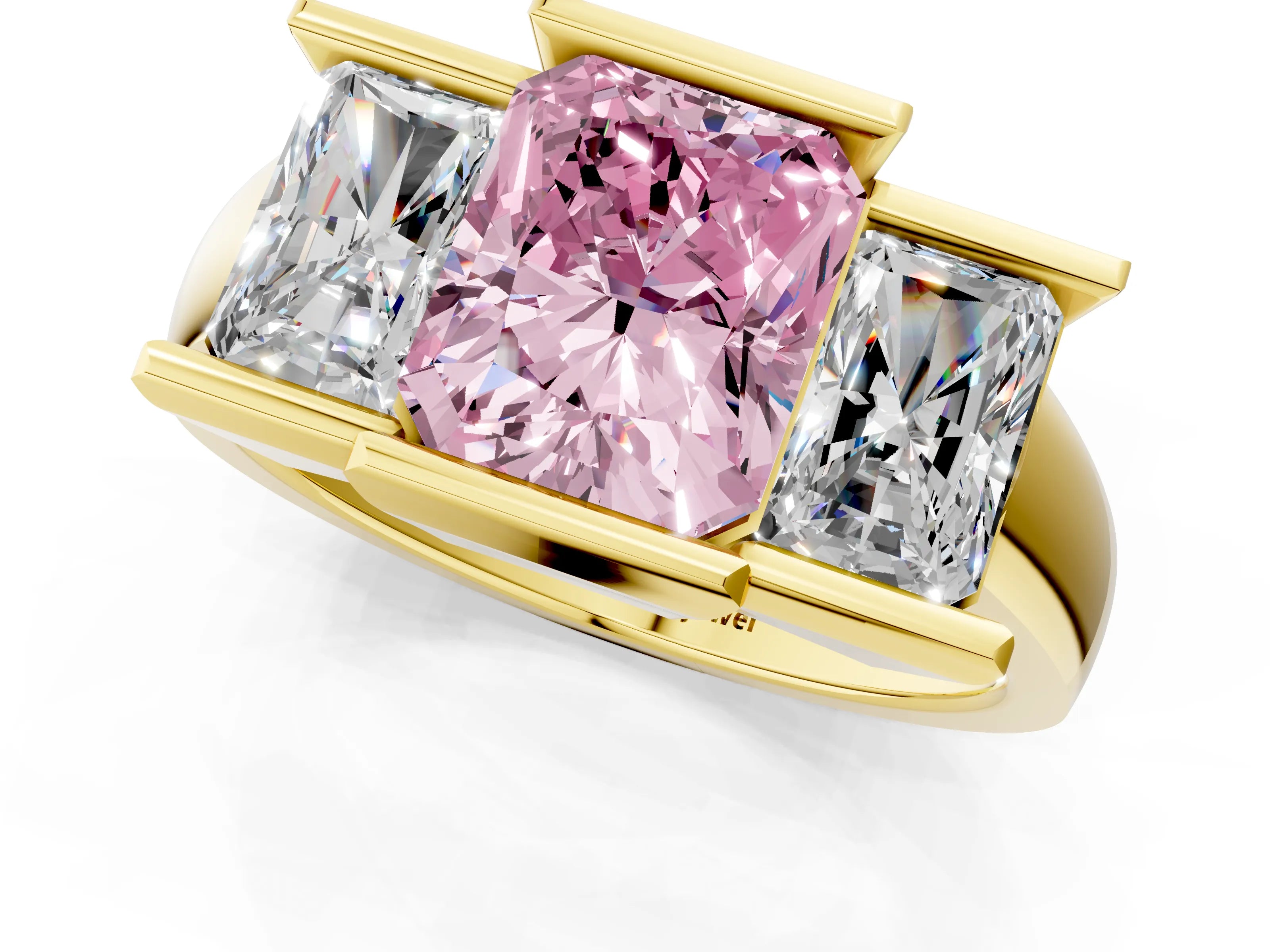 Yellow gold Three Stone Fancy Pink Radiant Cut Cut Channel Set Diamond Ring_1