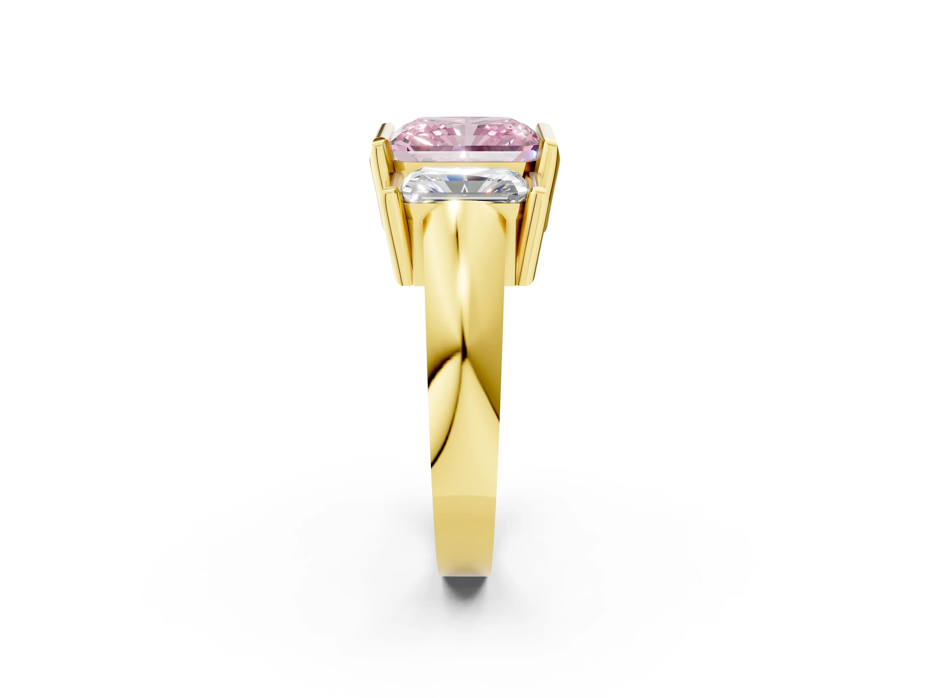 Yellow gold Three Stone Fancy Pink Radiant Cut Cut Channel Set Diamond Ring_2