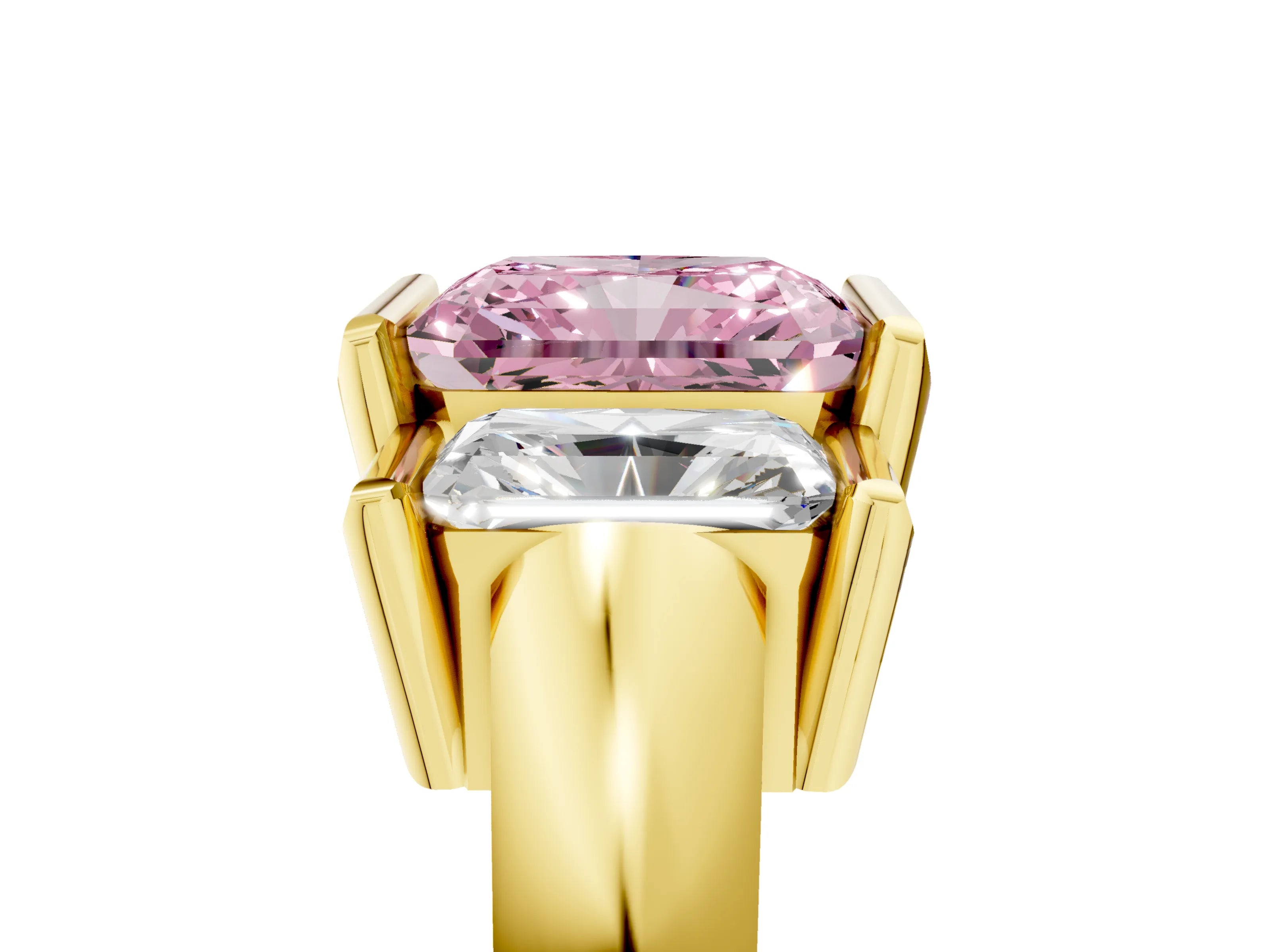 Yellow gold Three Stone Fancy Pink Radiant Cut Cut Channel Set Diamond Ring_5