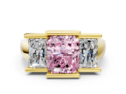 Yellow gold Three Stone Fancy Pink Radiant Cut Cut Channel Set Diamond Ring