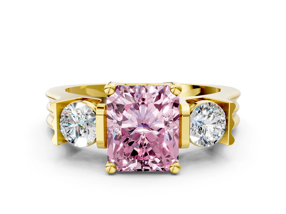 Yellow gold Three-Stone Fancy Pink Radiant Cut Cut Classic Band Prong Setting Ring