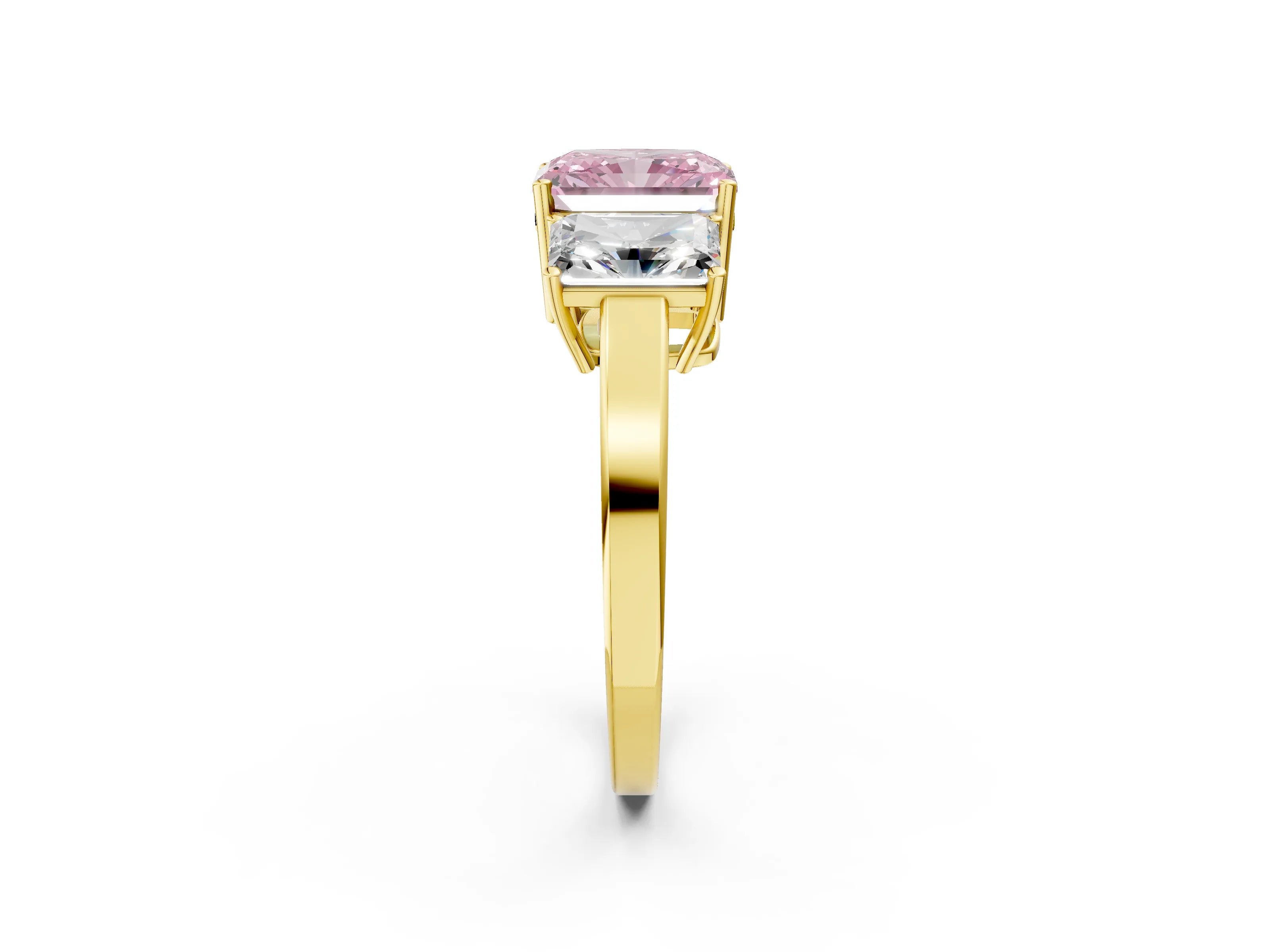 Yellow gold Three-Stone Fancy Pink Radiant Cut Cut Diamond Engagement Ring with Flat Band and Four-Prong Setting_2