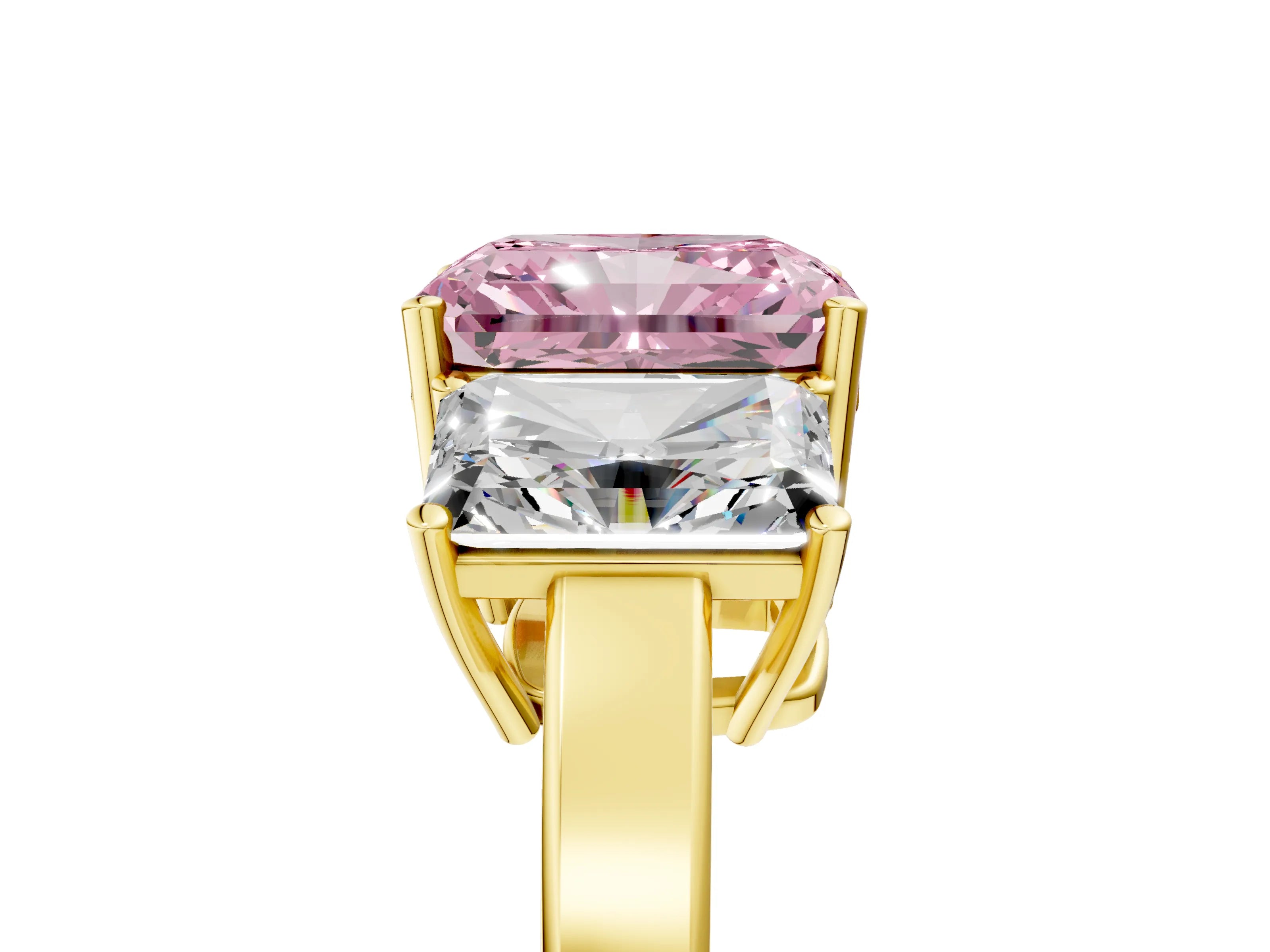 Yellow gold Three-Stone Fancy Pink Radiant Cut Cut Diamond Engagement Ring with Flat Band and Four-Prong Setting_5
