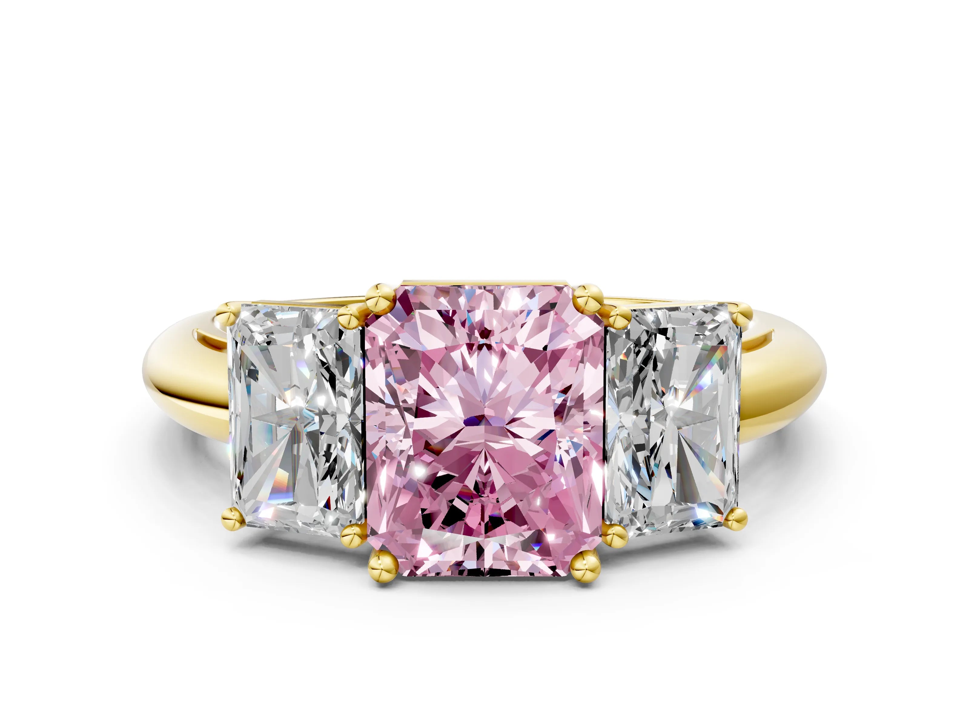 Yellow gold Three-Stone Fancy Pink Radiant Cut Cut Diamond Engagement Ring with Prong Setting on a White Gold Band