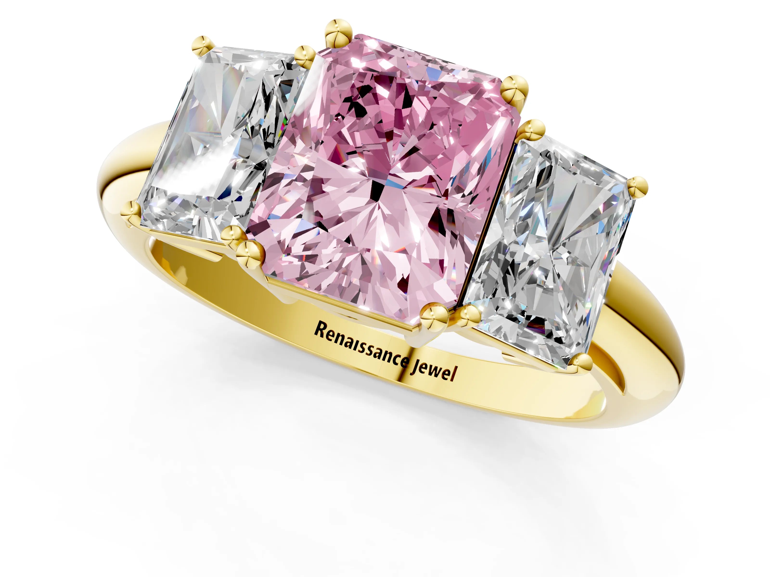 Yellow gold Three-Stone Fancy Pink Radiant Cut Cut Diamond Engagement Ring with Prong Setting on a White Gold Band_1