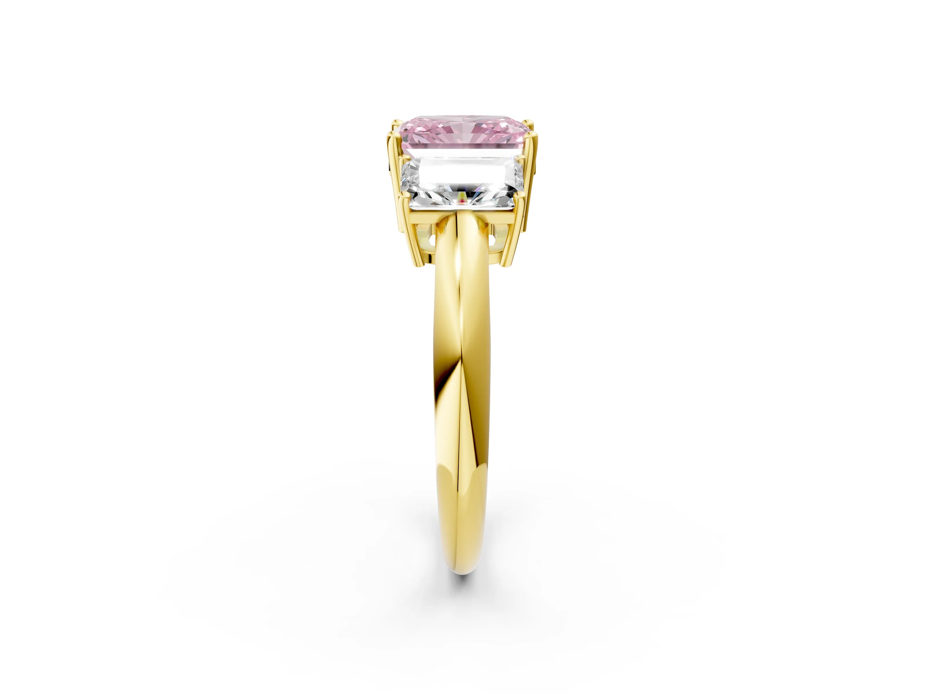 Yellow gold Three-Stone Fancy Pink Radiant Cut Cut Diamond Engagement Ring with Prong Setting on a White Gold Band_2