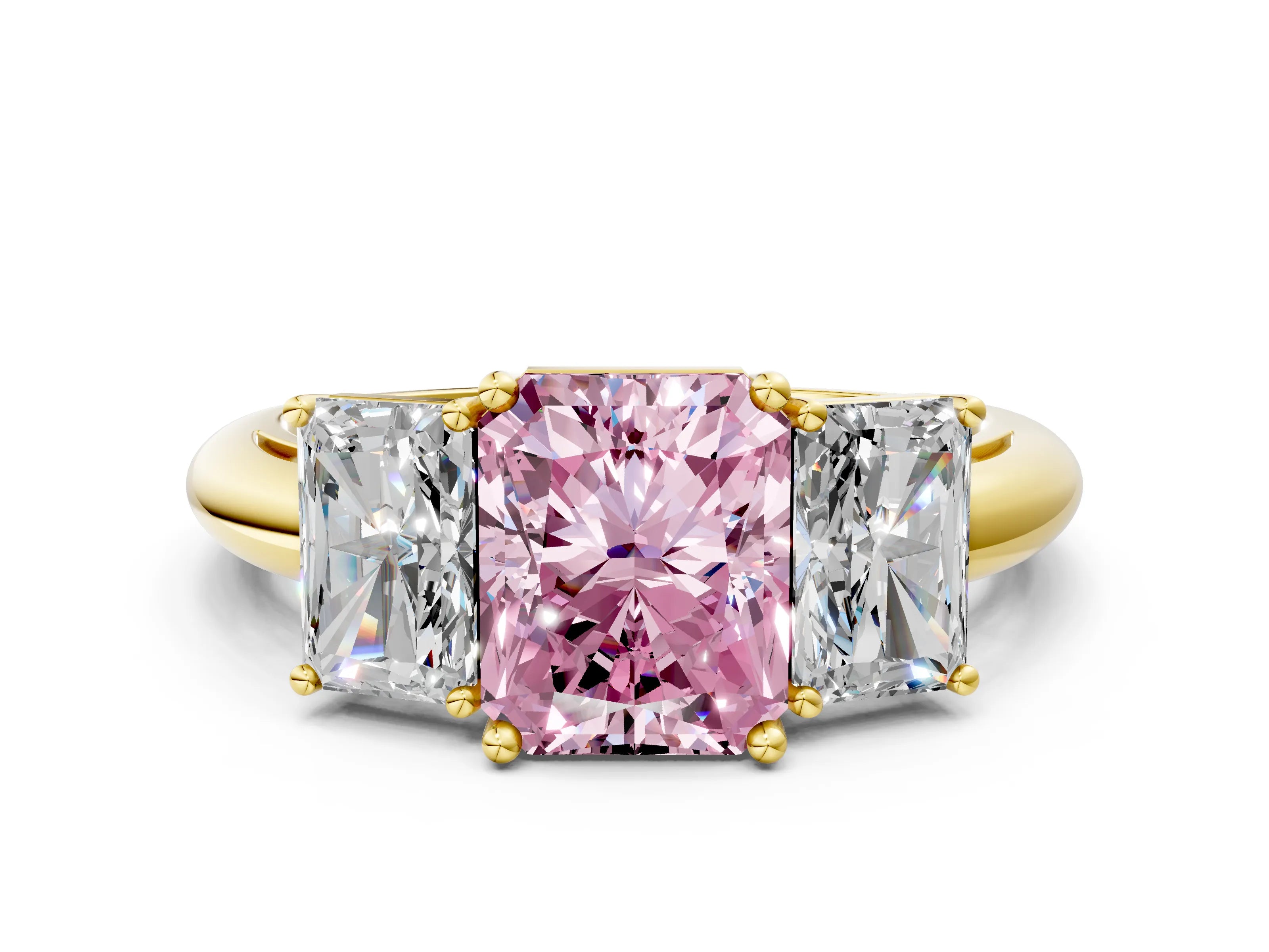 Yellow gold Three-Stone Fancy Pink Radiant Cut Cut Diamond Engagement Ring with Prong Setting on a White Gold Band_36