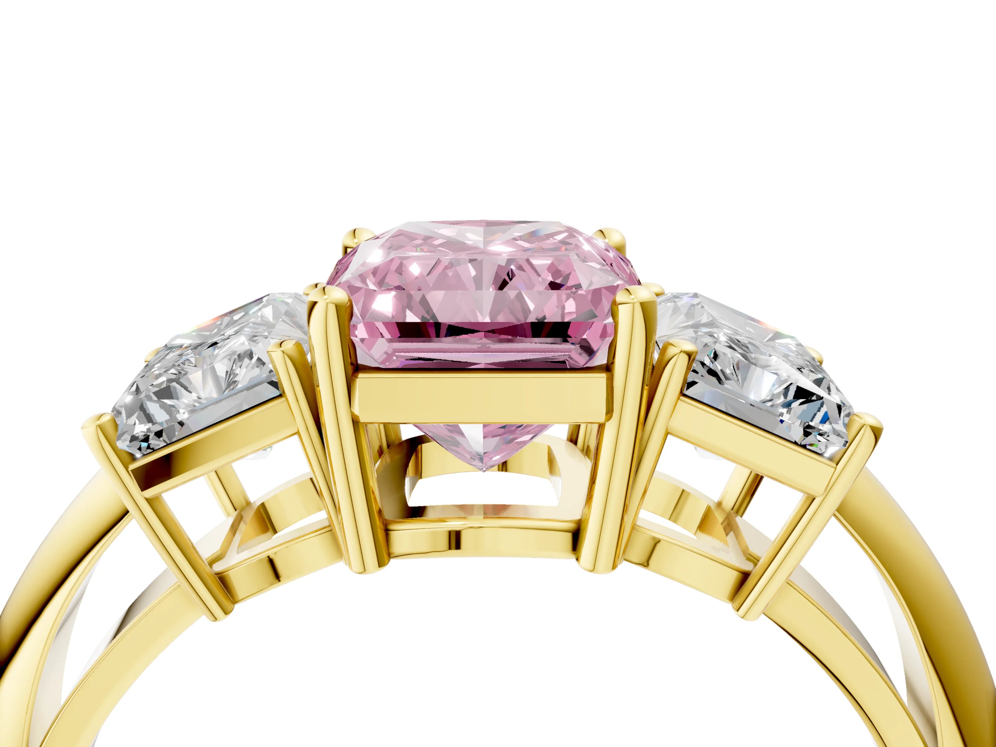 Yellow gold Three-Stone Fancy Pink Radiant Cut Cut Diamond Engagement Ring with Prong Setting on a White Gold Band_4