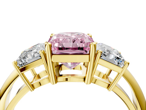 Yellow gold Three-Stone Fancy Pink Radiant Cut Cut Diamond Engagement Ring with Prong Setting on a White Gold Band_40