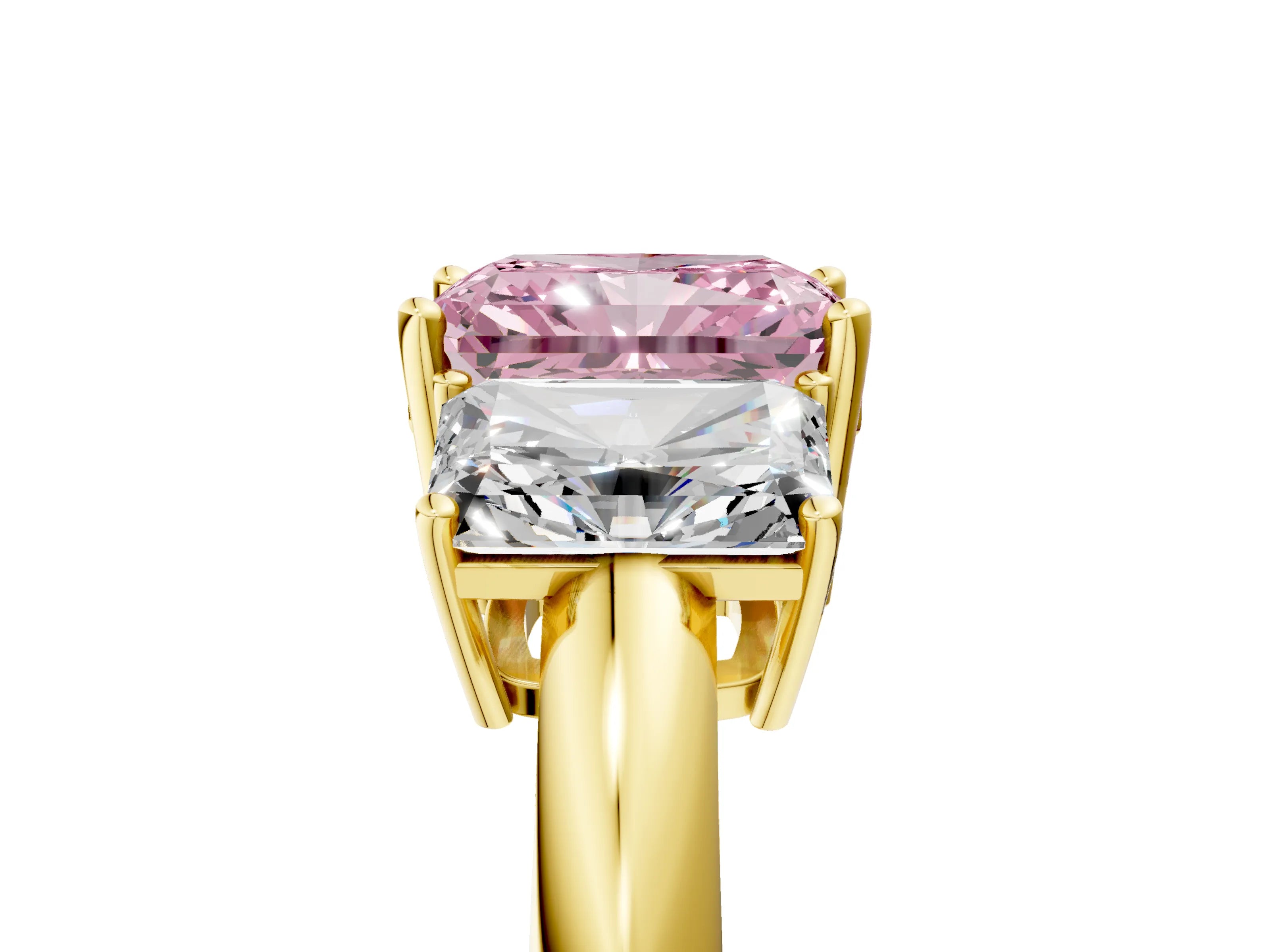 Yellow gold Three-Stone Fancy Pink Radiant Cut Cut Diamond Engagement Ring with Prong Setting on a White Gold Band_5