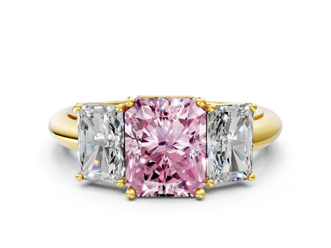Yellow gold Three-Stone Fancy Pink Radiant Cut Cut Diamond Engagement Ring with Prong Setting on a White Gold Band
