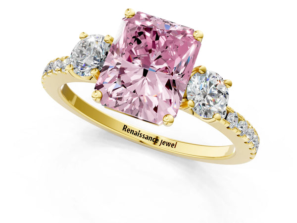 Yellow gold Three-Stone Fancy Pink Radiant Cut Cut Diamond Pavé Band with Prong Setting