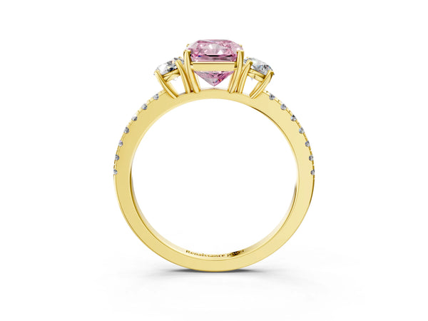 Yellow gold Three-Stone Fancy Pink Radiant Cut Cut Diamond Pavé Band with Prong Setting