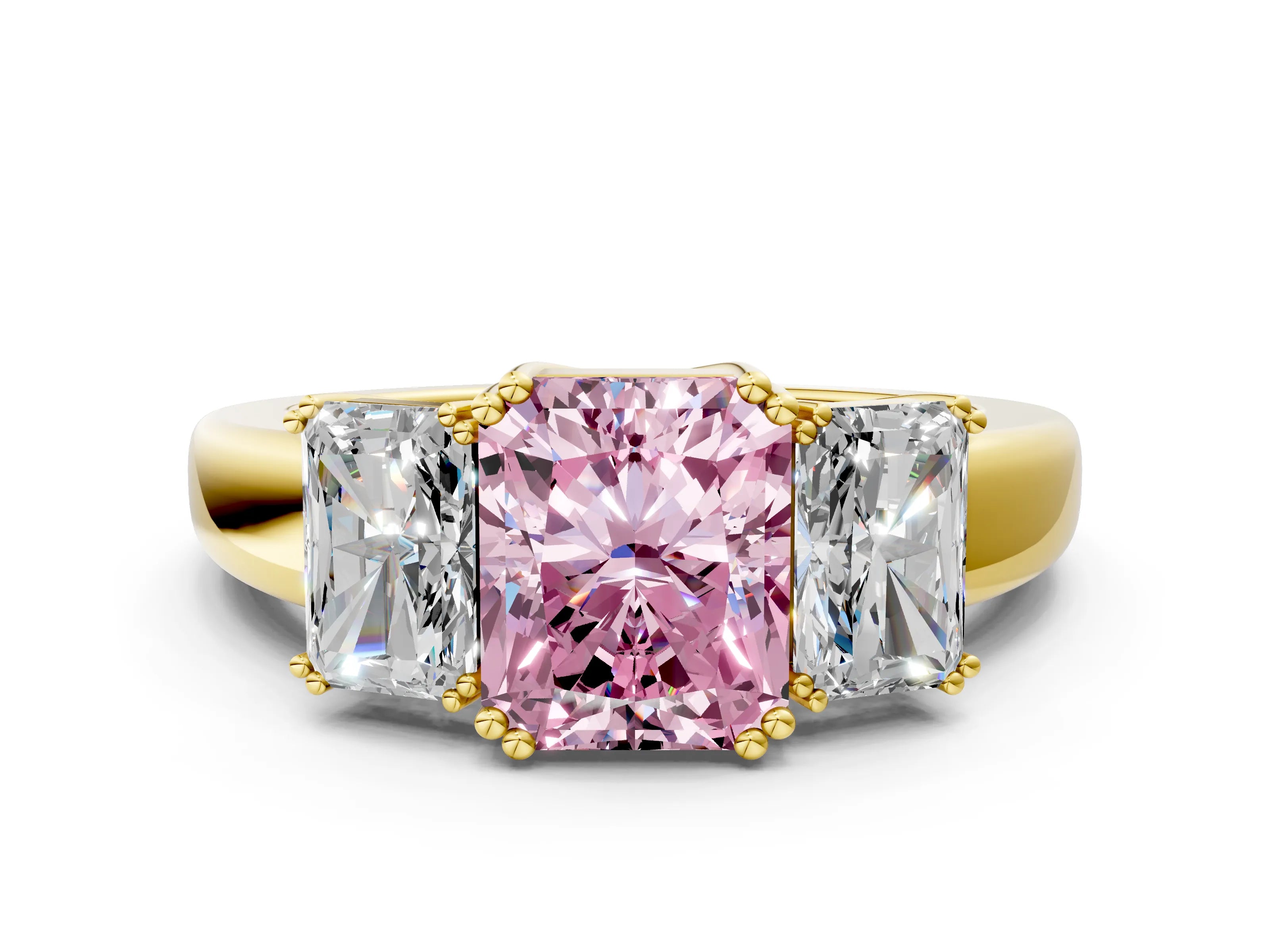 Yellow gold Three-Stone Fancy Pink Radiant Cut Cut Diamond Ring with Channel Set Band and Four-Prong Setting