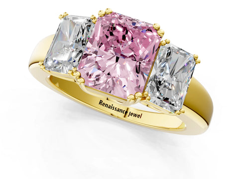 Yellow gold Three-Stone Fancy Pink Radiant Cut Cut Diamond Ring with Channel Set Band and Four-Prong Setting_1