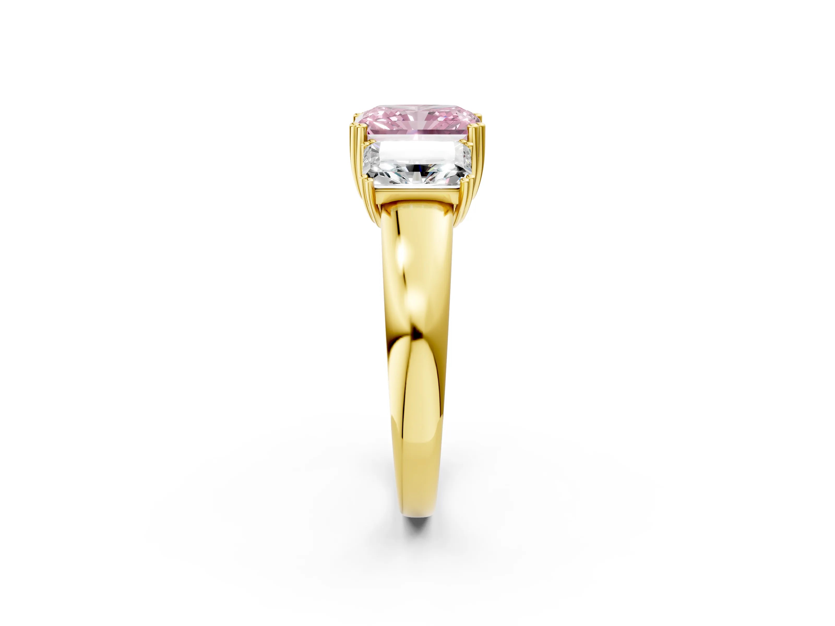 Yellow gold Three-Stone Fancy Pink Radiant Cut Cut Diamond Ring with Channel Set Band and Four-Prong Setting_2