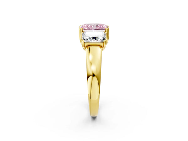Yellow gold Three-Stone Fancy Pink Radiant Cut Cut Diamond Ring with Channel Set Band and Four-Prong Setting