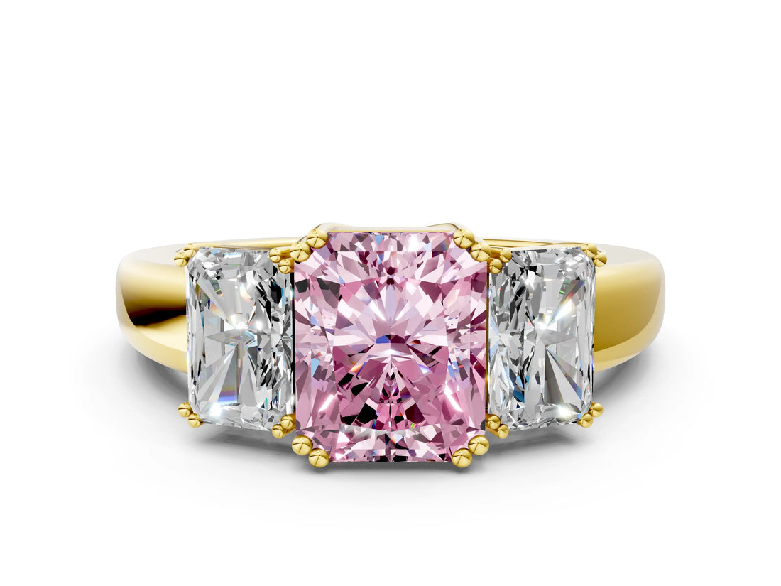 Yellow gold Three-Stone Fancy Pink Radiant Cut Cut Diamond Ring with Channel Set Band and Four-Prong Setting_24
