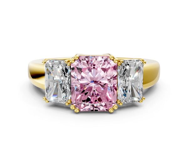 Yellow gold Three-Stone Fancy Pink Radiant Cut Cut Diamond Ring with Channel Set Band and Four-Prong Setting