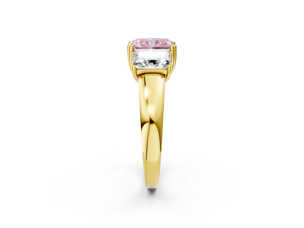 Yellow gold Three-Stone Fancy Pink Radiant Cut Cut Diamond Ring with Channel Set Band and Four-Prong Setting
