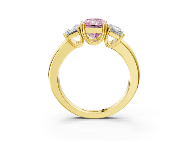 Yellow gold Three-Stone Fancy Pink Radiant Cut Cut Diamond Ring with Channel Set Band and Four-Prong Setting