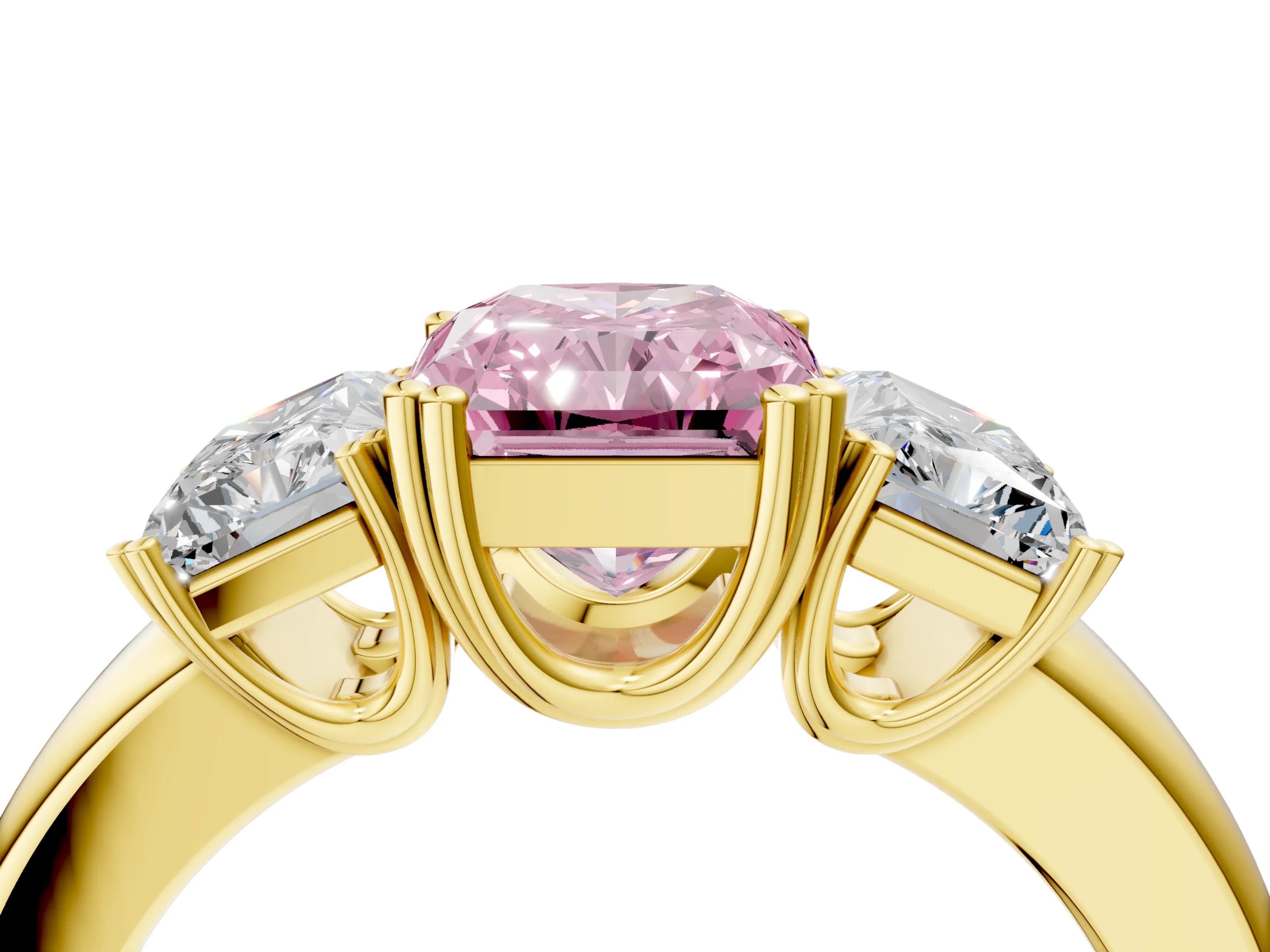 Yellow gold Three-Stone Fancy Pink Radiant Cut Cut Diamond Ring with Channel Set Band and Four-Prong Setting_4