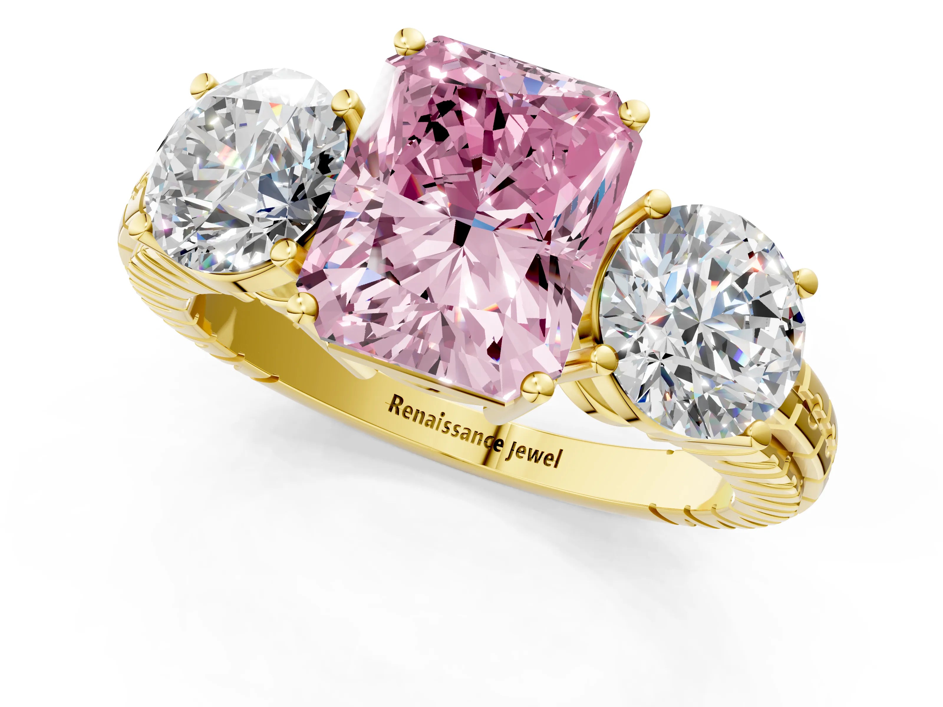 Yellow gold Three-Stone Fancy Pink Radiant Cut Cut Diamond Ring with Channel-Set Band and Prong Setting_1