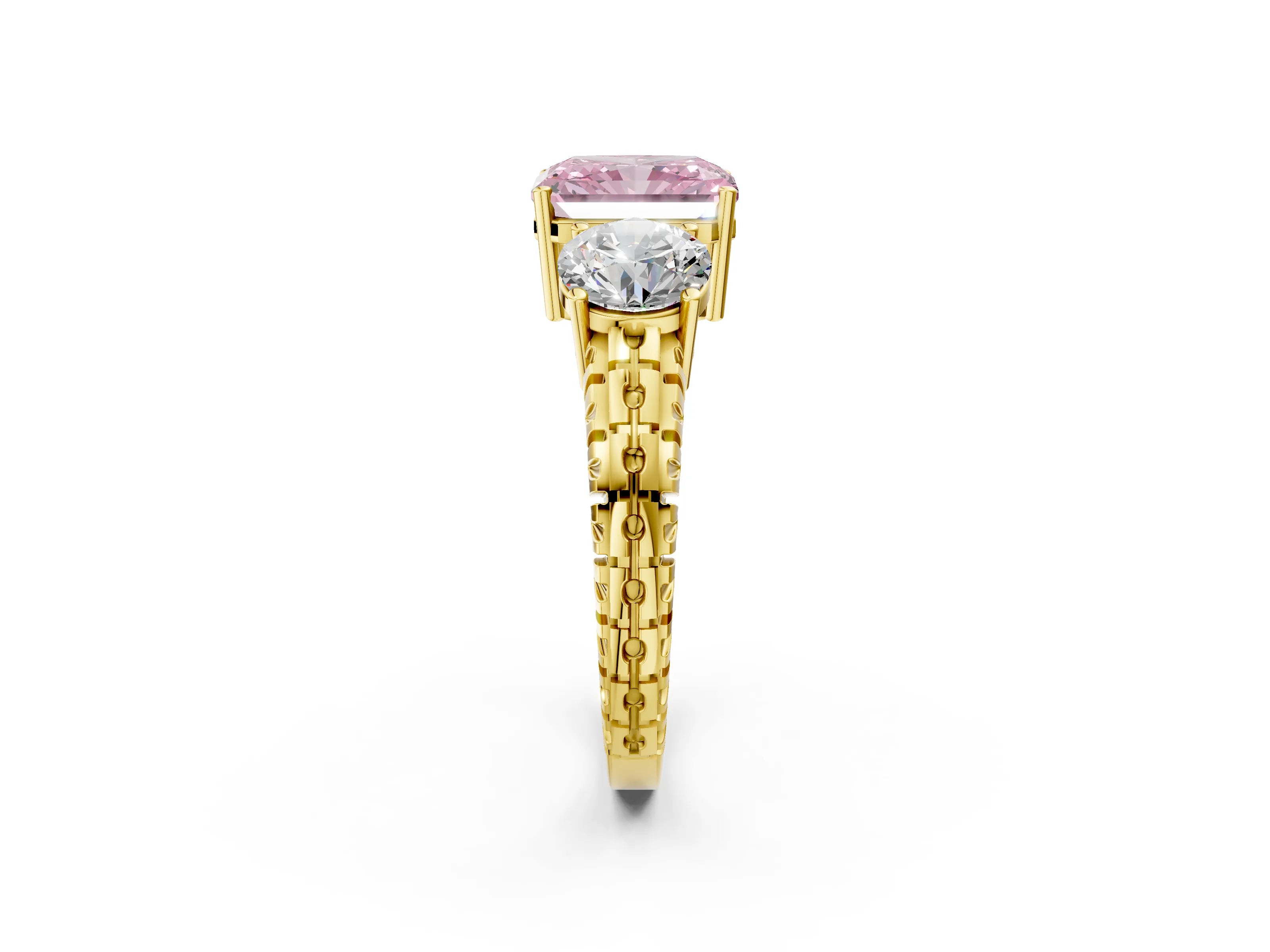 Yellow gold Three-Stone Fancy Pink Radiant Cut Cut Diamond Ring with Channel-Set Band and Prong Setting_2