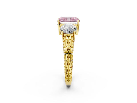 Yellow gold Three-Stone Fancy Pink Radiant Cut Cut Diamond Ring with Channel-Set Band and Prong Setting_2