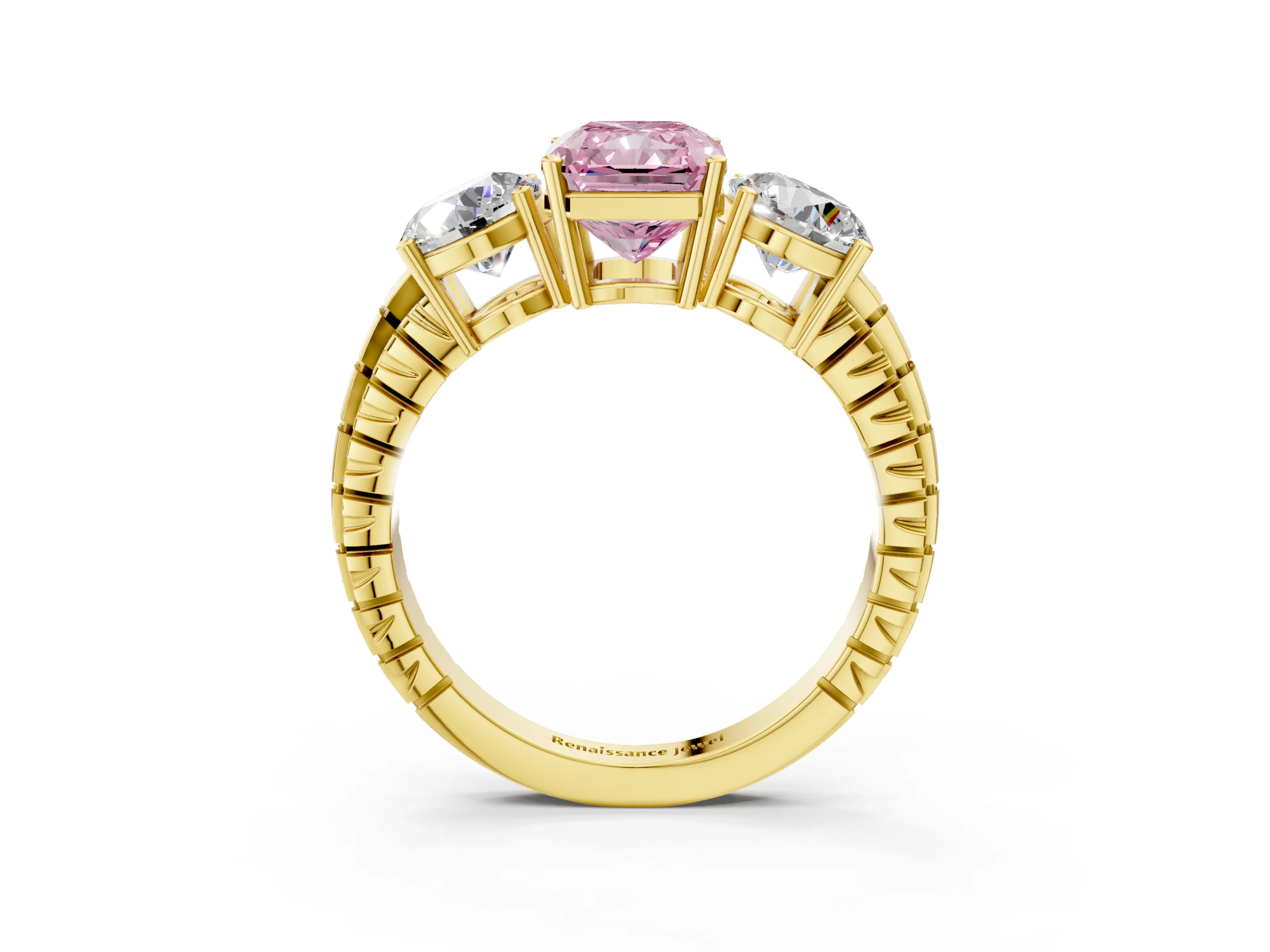 Yellow gold Three-Stone Fancy Pink Radiant Cut Cut Diamond Ring with Channel-Set Band and Prong Setting_3