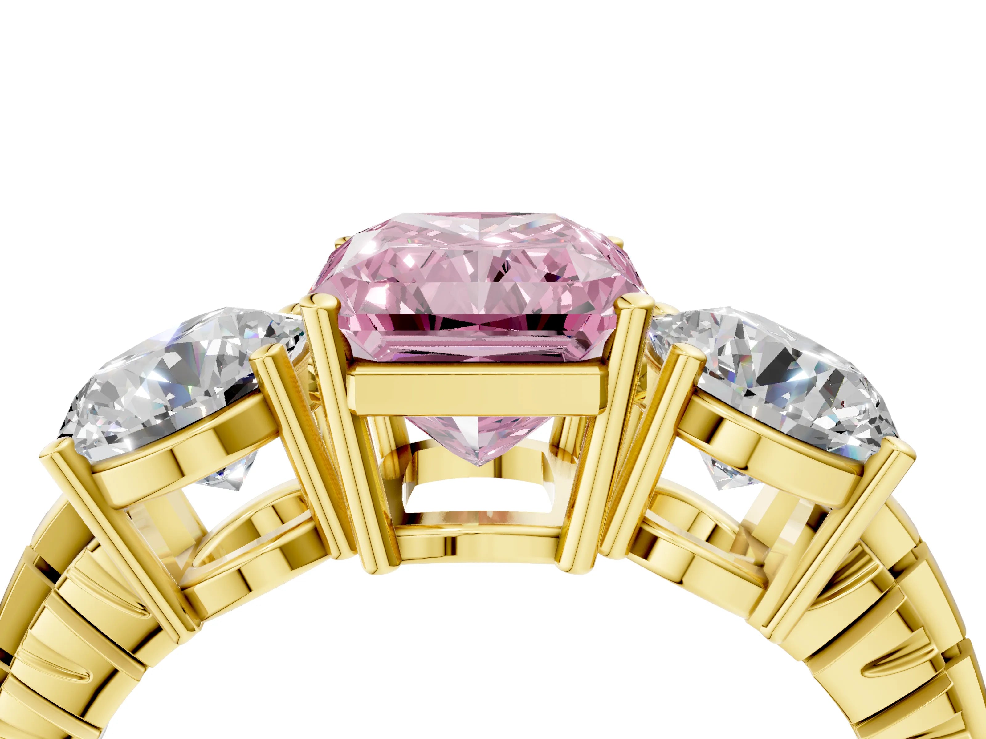 Yellow gold Three-Stone Fancy Pink Radiant Cut Cut Diamond Ring with Channel-Set Band and Prong Setting_4
