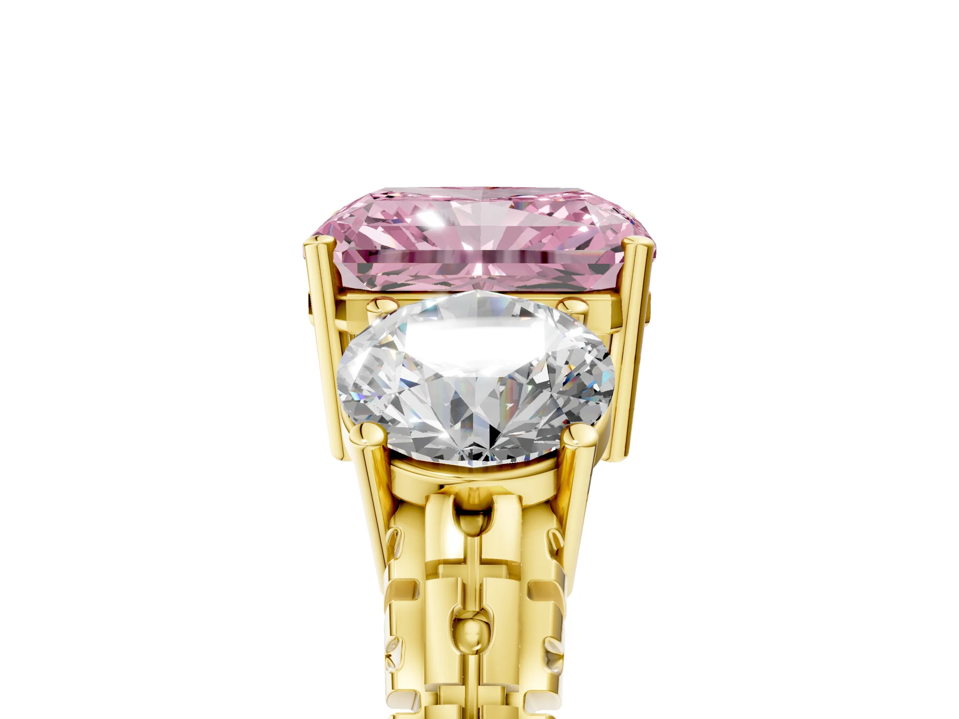 Yellow gold Three-Stone Fancy Pink Radiant Cut Cut Diamond Ring with Channel-Set Band and Prong Setting_5