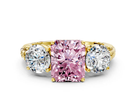 Yellow gold Three-Stone Fancy Pink Radiant Cut Cut Diamond Ring with Channel-Set Band and Prong Setting