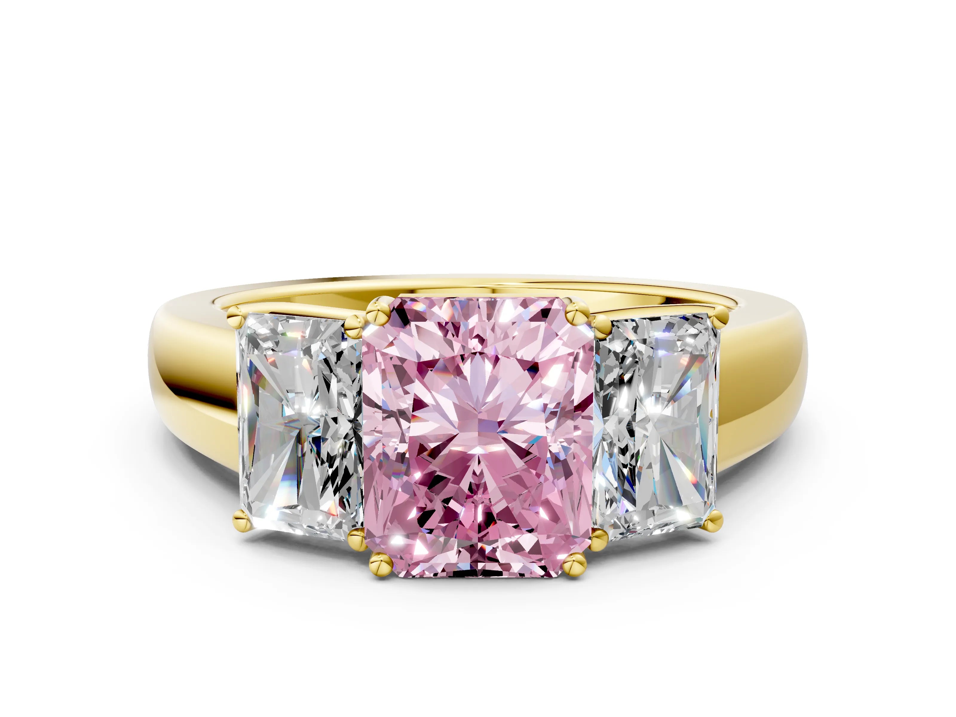 Yellow gold Three-Stone Fancy Pink Radiant Cut Cut Diamond Ring with Prong Setting and Classic Band