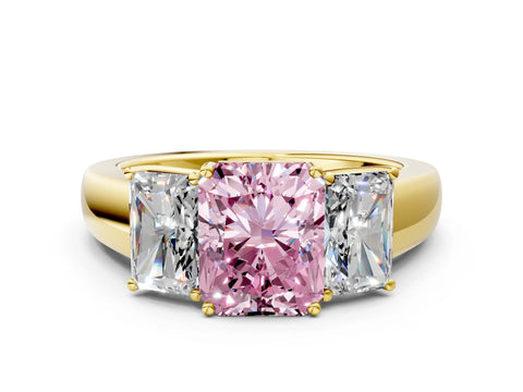 Yellow gold Three-Stone Fancy Pink Radiant Cut Cut Diamond Ring with Prong Setting and Classic Band