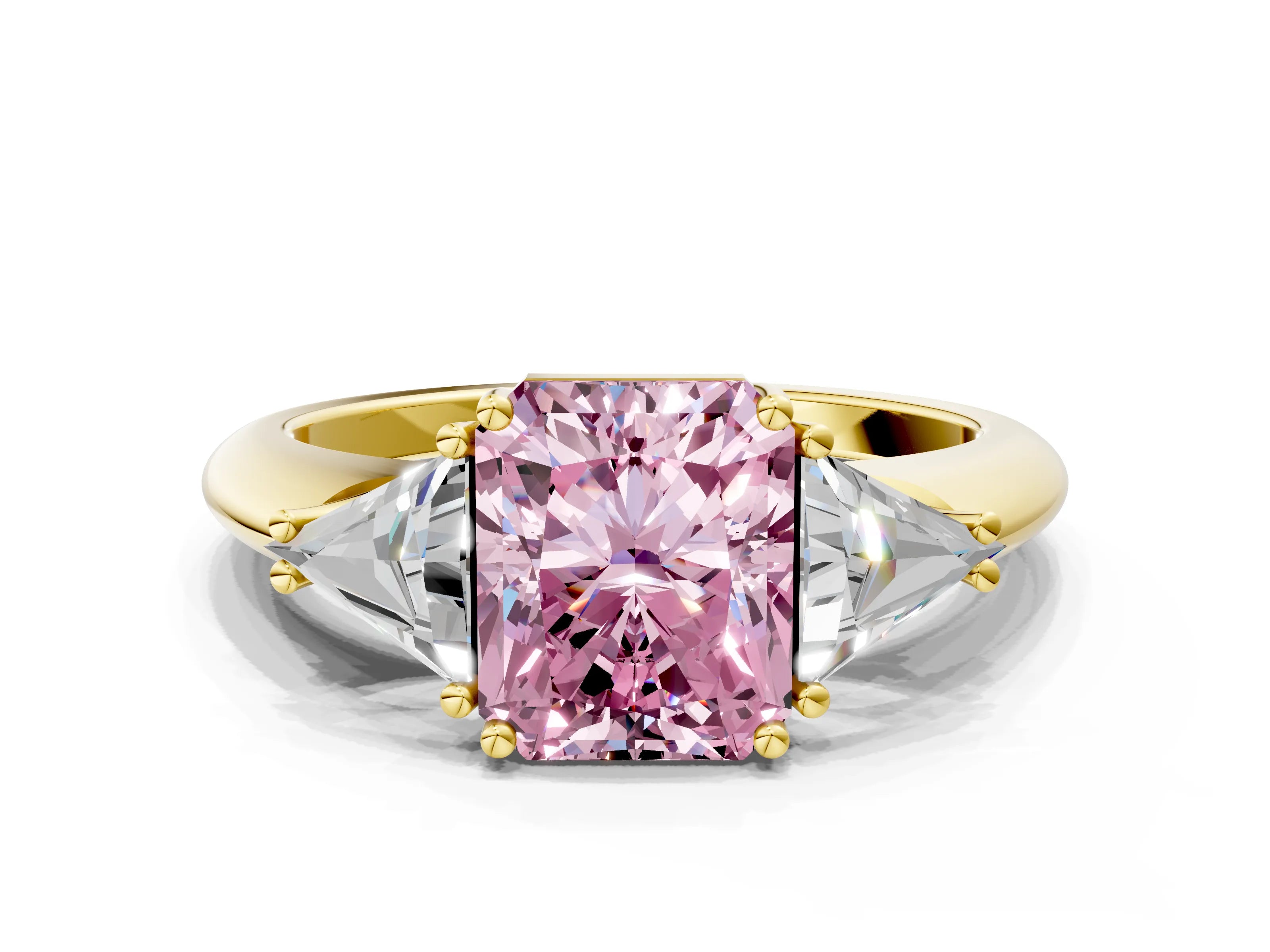 Yellow gold Three-Stone Fancy Pink Radiant Cut Cut Diamond Ring with Trillion Side Stones and Four-Prong Setting_3