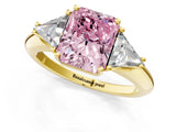 Yellow gold Three-Stone Fancy Pink Radiant Cut Cut Diamond Ring with Trillion Side Stones and Four-Prong Setting_4