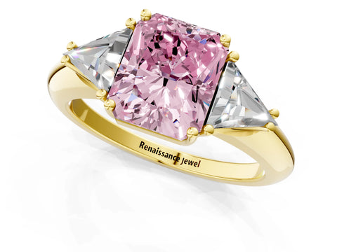Yellow gold Three-Stone Fancy Pink Radiant Cut Cut Diamond Ring with Trillion Side Stones and Four-Prong Setting_4