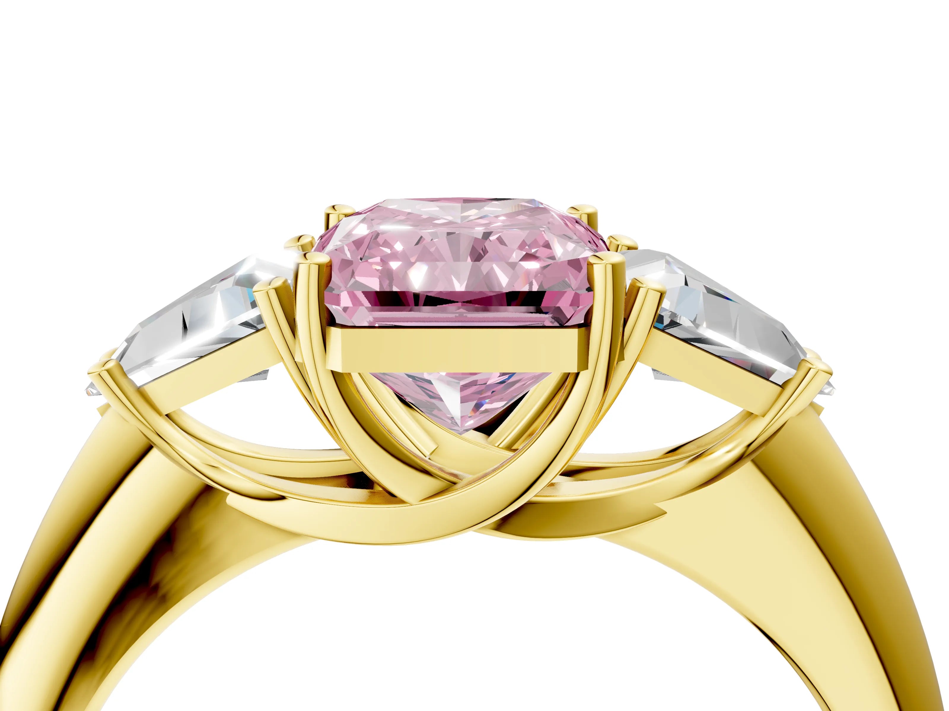 Yellow gold Three-Stone Fancy Pink Radiant Cut Cut Diamond Ring with Trillion Side Stones and Four-Prong Setting_7