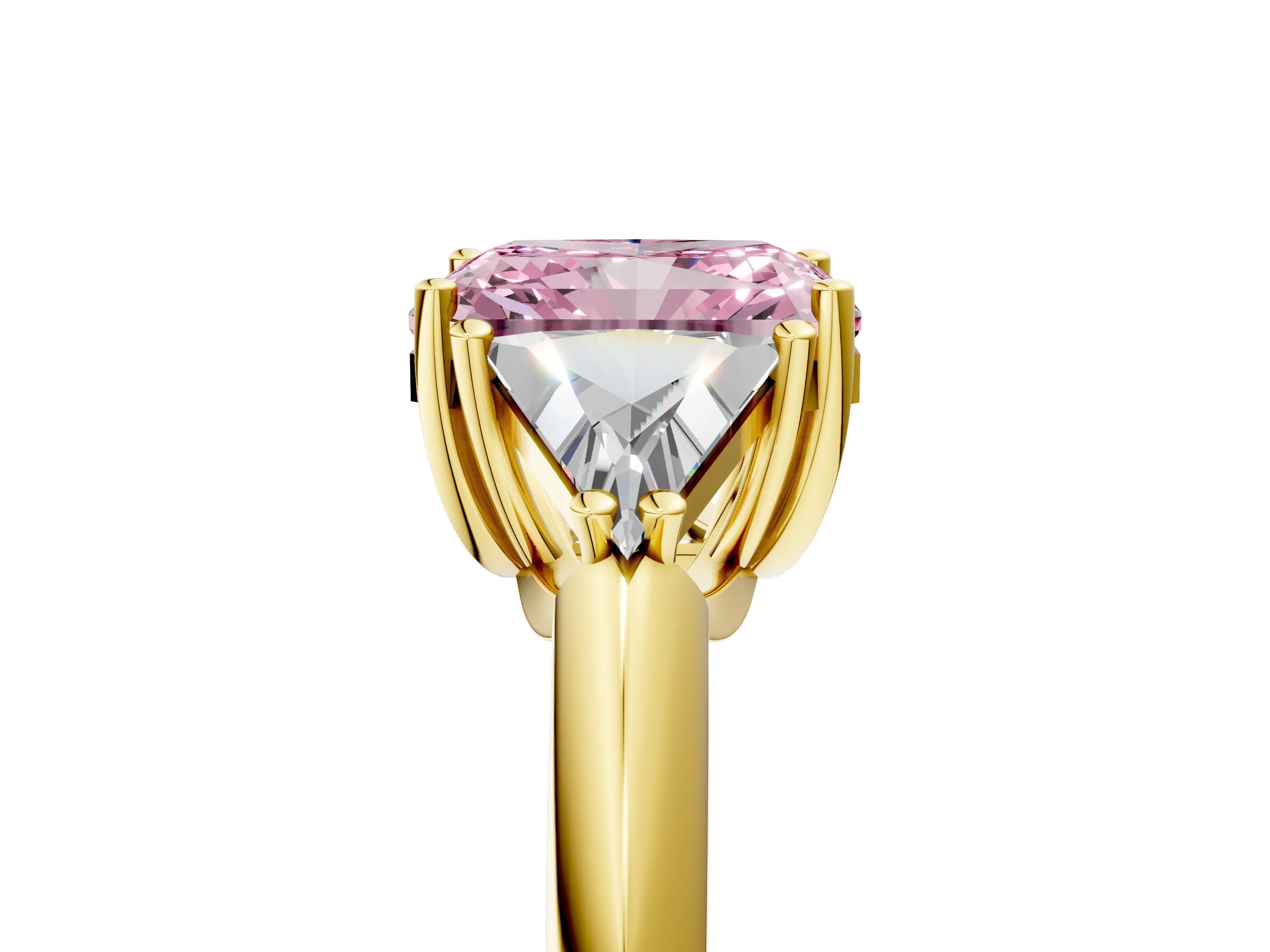 Yellow gold Three-Stone Fancy Pink Radiant Cut Cut Diamond Ring with Trillion Side Stones and Four-Prong Setting_8