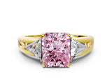 Yellow gold Three-Stone Fancy Pink Radiant Cut Cut Diamond Ring with Trillion Side Stones on a Split Shank Band