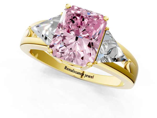 Yellow Gold Radiant Cut Split Shank Three Stone Engagement Ring Setting for Fancy Pink Center