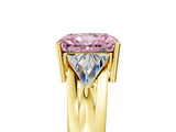 Yellow gold Three-Stone Fancy Pink Radiant Cut Cut Diamond Ring with Trillion Side Stones on a Split Shank Band_5