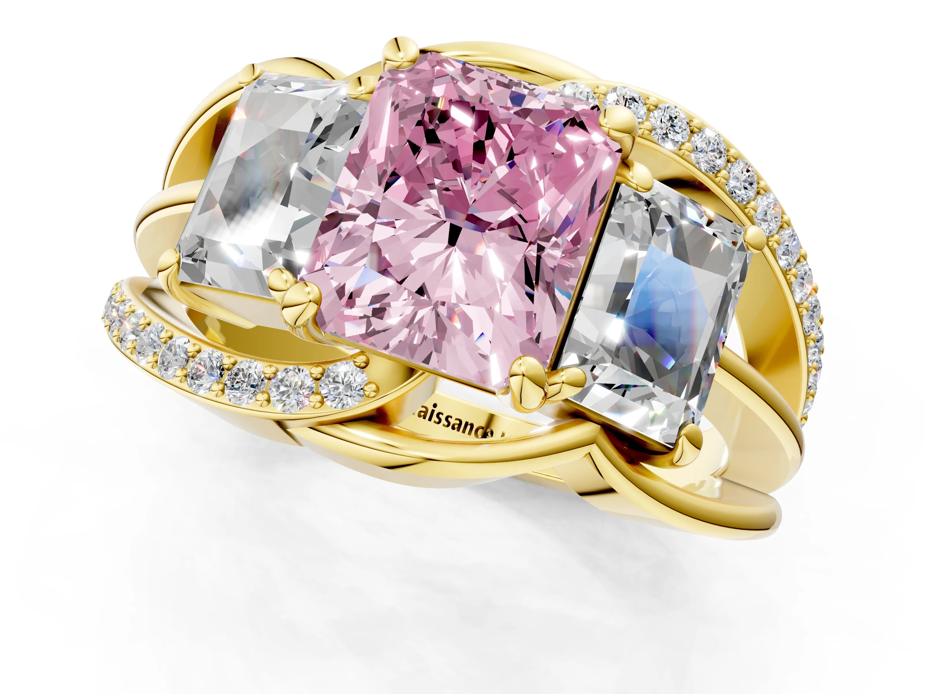 Yellow gold Three-Stone Fancy Pink Radiant Cut Cut Diamond Split Shank Prong Set Ring_13