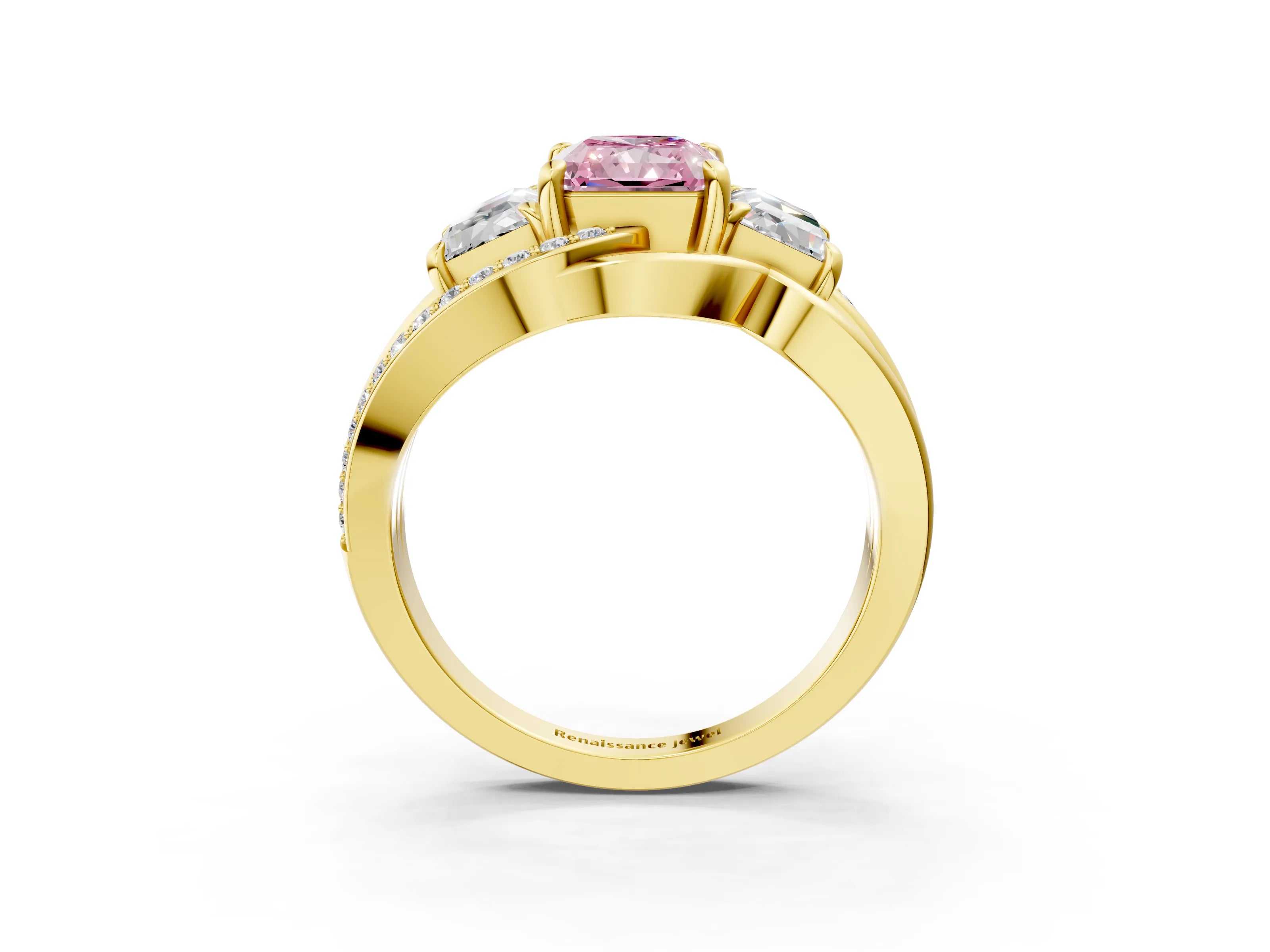 Yellow gold Three-Stone Fancy Pink Radiant Cut Cut Diamond Split Shank Prong Set Ring_15