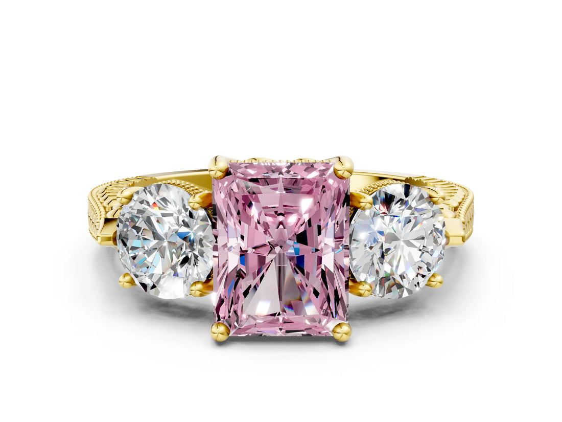 Yellow gold Three-Stone Fancy Pink Radiant Cut Cut Milgrain Band Prong Setting Ring