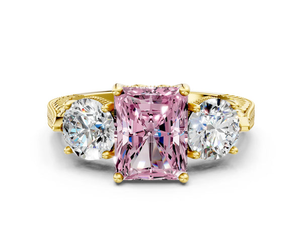 Yellow Gold Radiant Cut Vintage Three Stone Engagement Ring Setting for Fancy Pink Center