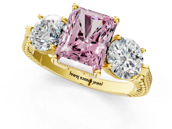 Yellow Gold Radiant Cut Vintage Three Stone Engagement Ring Setting for Fancy Pink Center