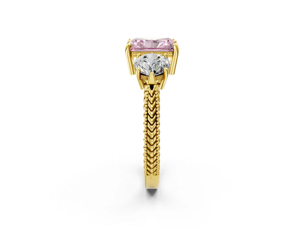Yellow Gold Radiant Cut Vintage Three Stone Engagement Ring Setting for Fancy Pink Center
