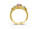 Yellow gold Three-Stone Fancy Pink Radiant Cut Cut Milgrain Band Prong Setting Ring_3